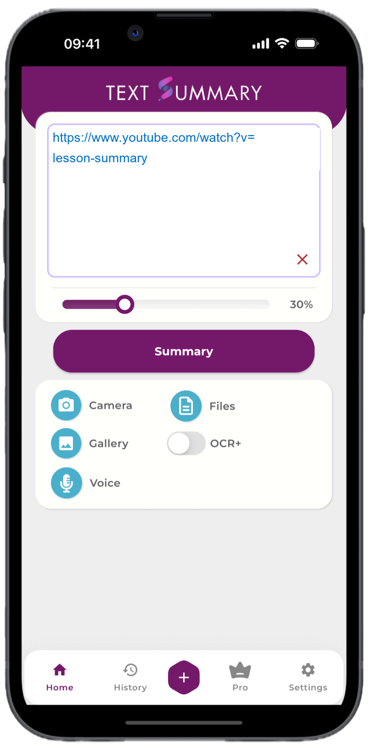 Text Summary app ready to summarize a pasted YouTube link